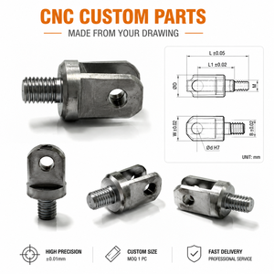 Embout de fourche fraisé CNC avec goujon fileté et trou de broche percé transversalement pour fixation de tige de vérin pneumatique - Product Image 1