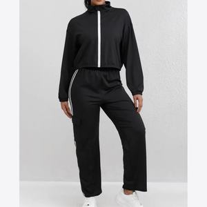 Ensemble survêtement femme décontracté à col montant, manches longues, coupe oversize, avec sweat à capuche zippé et pantalon de jogging, couleur unie, longueur cheville - Product Image 5