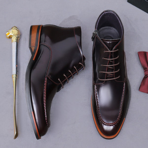 Men's handmade lace-up formal pointed-toe leather boots with shiny zipper, short boots, cowhide high-top men's <b>shoes</b> - Product Image 3