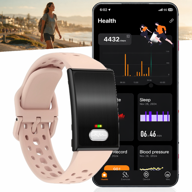 ODM OEM ES01 IP68 Waterproof Screenless Fitness Band ECG HRV SpO2 Heart Rate BP Stress Temp G Band App 4-6 Days Battery Life