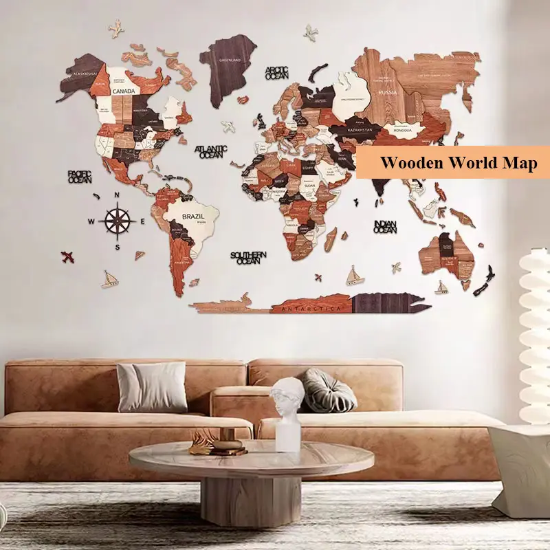 Mapa del mundo de madera, arte 3D, decoración de pared grande, arte de pared para el hogar, cocina u oficina con 3 opciones de tamaño diferentes