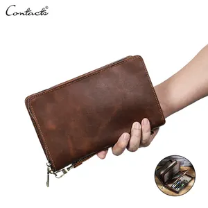 Multi-Compartment Genuine Cowhide Leather Clutch Bag Business Wallet Large Capacity Zippered Mobile Phone Clutch Men