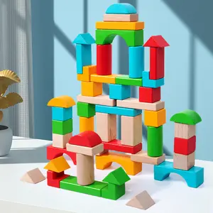 Montessori Building Blocks Stacking Wooden Block Educational Toys for Toddlers 50pcs Brightly Colored in Assorted Shapes Sizes