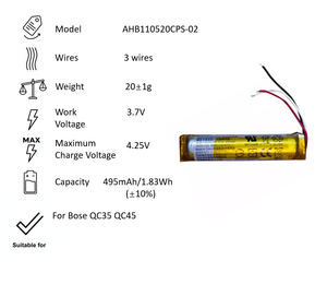 AHB110520CPS-02 Polimer Lityum Pil 3 Telli AHB110520CPS QC 35 45 2 02 495mAh 3.7V QC35 QC45 için - Product Image 3