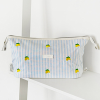 Bolso de Mano Personalizado con Bordado y Estampado de Rayas Azules y Blancas, Bolso de Maquillaje Living La Vida Lemon