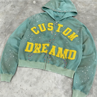 Hoodie Gravvi Dream Varsity berbahan katun dengan patch, oversized, cropped, ber-zip, fleece tebal, streetwear, motif cat splatter, OEM ODM, logo custom