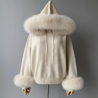 Ensemble deux pièces en tricot de laine avec capuche en vraie fourrure de renard, pantalon long, personnalisé, respirant, doux et luxueux pour l'automne – Vente en gros