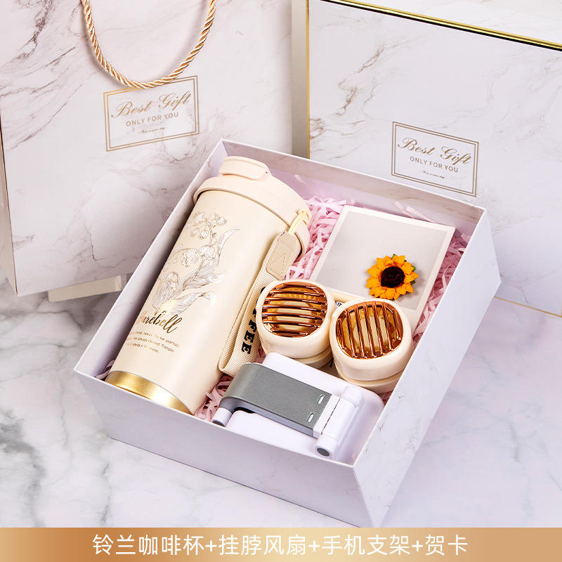 【ชุดเซ็ต 4 ชิ้น】พัดลมคล้องคอ ที่วางโทรศัพท์ การ์ดอวยพรลายดอกลิลลี่ออฟเดอะวัลเลย์ และแก้วกาแฟ