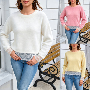 <span class=keywords><strong>Pull</strong></span> en molleton tricoté pour <span class=keywords><strong>femme</strong></span>, col rond, manches longues, avec empiècements en dentelle, style <span class=keywords><strong>vintage</strong></span>, nouvelle collection 2027 - Product Image 6