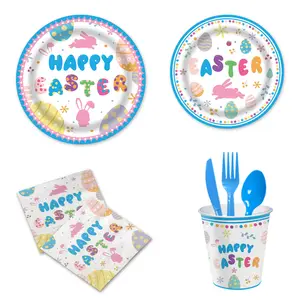 Juegos de platos y servilletas de papel de Feliz Pascua personalizados de fábrica, juegos de suministros y decoraciones para fiestas de conejitos