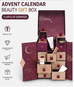 Premium Burgundy Double Door Advent <b>Calendar</b> Box with Drawers Starry Print Rigid Cardboard Beauty Gift Packaging Wholesale - Product Image 3