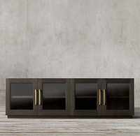 Meuble TV Rhoohill personnalisé pour salon, en bois massif, avec 4 portes vitrées, style vintage américain, console multimédia longue en bois