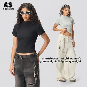 T-shirt d'été à col montant pour femme, T-shirt élastique style européen et américain Spice Girls, T-shirt à manches courtes coupe ajustée en jersey uni - Product Image 1