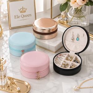 Luxury Round PU Jewelry <b>Box</b> with Zipper Closure for Ring <b>Necklace</b> Earring Storage and Travel <b>Gift</b> Packaging jewelry <b>gift</b> storage - Product Image 1