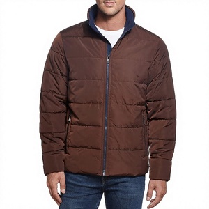 Men's Brown Puffer Jacket Windproof Zipper Closure Stand Collar Casual Winter Wear Polyester Wadding Thick Regular Fit - Product Image 1