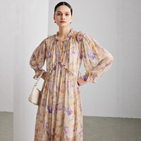 Robe longue 100 % soie de mûrier à imprimé floral pour femme, élégante, vintage, avec encolure à volants, taille haute, coupe trapèze, collection Printemps 2026
