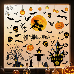 Autocollants statiques pour fenêtres d'Halloween, décorations de fenêtres en verre pour fête d'Halloween avec des motifs de citrouille, sorcière, chauve-souris, épouvantail, fantôme - Product Image 3