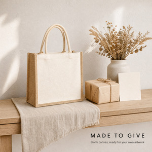 Custom Retro Linen Cotton Rope Tote Bags with Logo Heat Transfer Printed Brushed Finish Portable <b>Small</b> Size Jute <b>Gift</b> Bags - Product Image 3
