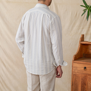 <span class=keywords><strong>Camicia</strong></span> Estiva da Uomo 100% Cotone a Righe <span class=keywords><strong>Seersucker</strong></span> Giovanile Casual Traspirante Comoda per Vacanze Maniche Lunghe - Product Image 6