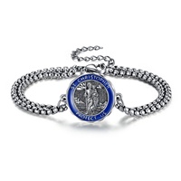 Bracelet Saint Christophe en argent plaqué, émail bleu, protection contre les maux de voyage, chaîne cubaine ajustable, bijoux en gros
