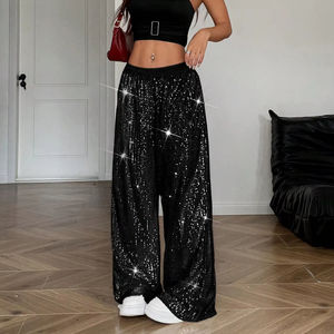 OEM Custom Women's Sequin <strong>Black</strong> Pants With Elastic Waist <strong>Sparkly</strong> Straight Leg Pants Party Casual Translucent Glitter <strong>Trousers</strong> - Product Image 1