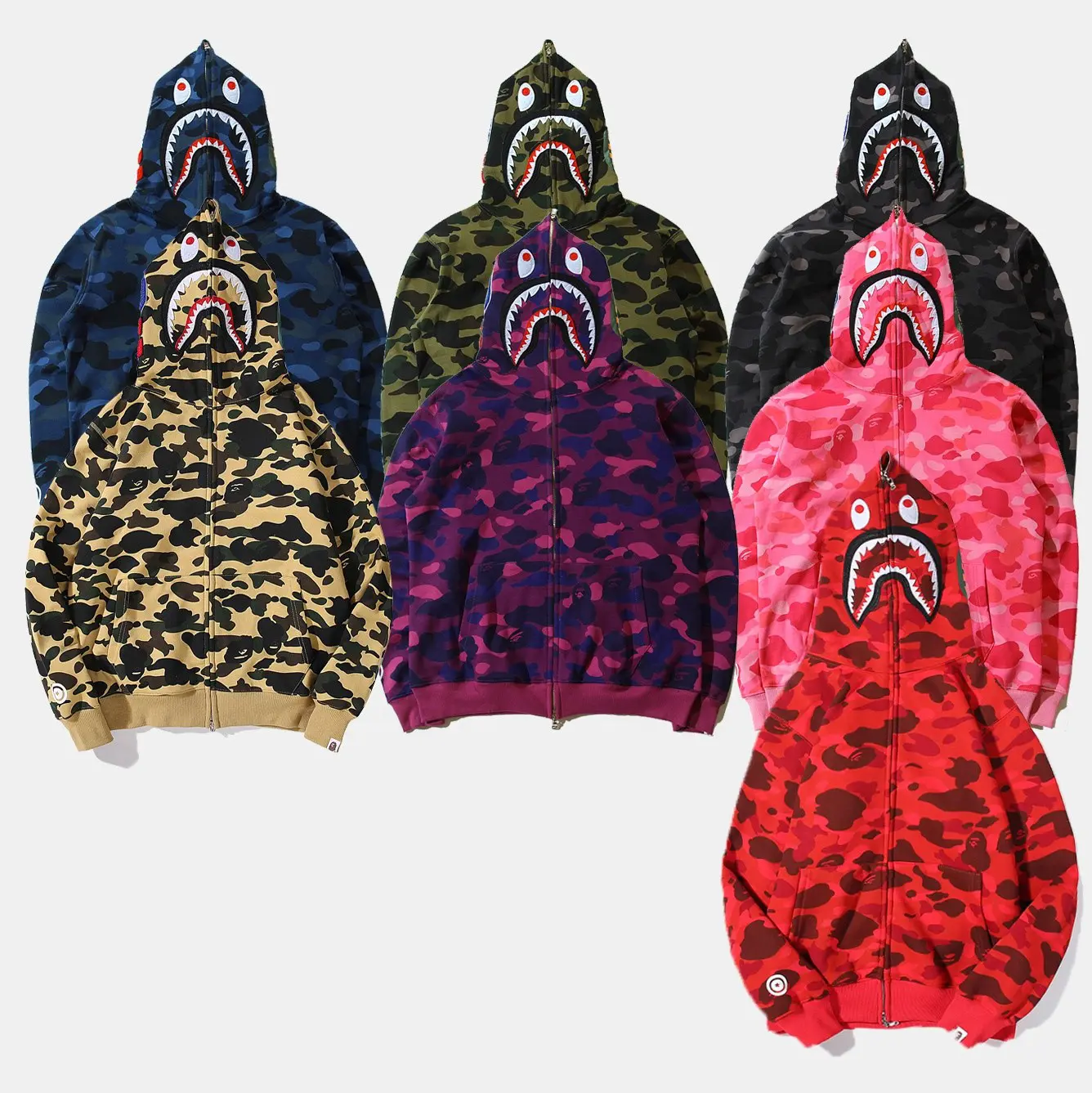 Full Rits Up Bapees Shark Hoodie Camouflage Katoen Polyester Custom Logo Sweatshirt Leverancier Heren Bapees Hoodies