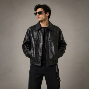 Chaqueta de Lona y Cuero Genuino para Hombre, Estilo Motociclista Vintage, Cierre de Cremallera, Cuello Camisero, Manga Larga, Chaqueta Casual de Moda - Product Image 1