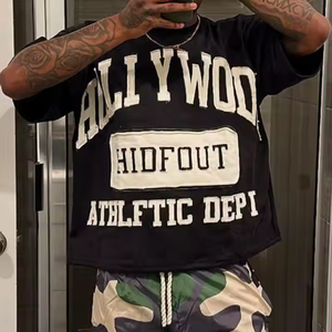 ダメージ加工刺繍ボックスティーシャツ |   ヘビーウェイト100%コットン クロップドTシャツ |   カスタムロゴ入りオーバーサイズメンズトップス、OEMサービス - Product Image 2