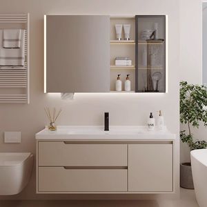 Modern <b>wall</b> <b>mounted</b> bathroom vanity with LED mirror <b>cabinet</b> and storage drawers thermo-bent - Product Image 1