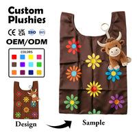 Sac de courses pliable écologique avec porte-clés Vache des Highlands, personnalisable OEM, en peluche, pochette animale avec fermeture éclair