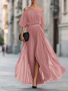 Elegante Vestido Largo <span class=keywords><strong>de</strong></span> Gasa para Mujer con Hombros Descubiertos, Vestido <span class=keywords><strong>de</strong></span> Noche Sexy con Abertura y Falda Fluida, Vestido <span class=keywords><strong>de</strong></span> Fiesta Festivo a la Moda - Product Image 2