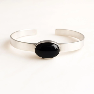 Black Onyx Sterling <b>Silver</b> <b>Cuff</b> <b>Bracelet</b> Minimalist Wide Band Bangle Handmade Natural Gemstone Jewelry Elegant <b>Silver</b> Bangle - Product Image 1