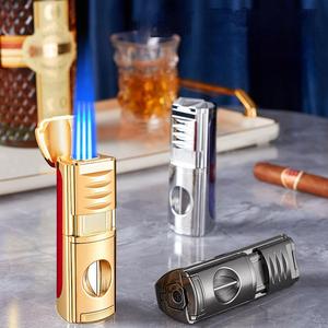 Nouveau Briquet à Gaz Portable à Trois Flammes à Allumage Direct, Spécial Cigares, Durable, Quatre-en-un, Idéal pour Cadeaux - Product Image 4