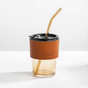 Mug en verre de luxe personnalisé, épais, pour thé et café, portable, style sport, unisexe, avec couvercle et paille, pour la rentrée scolaire - Product Image 1