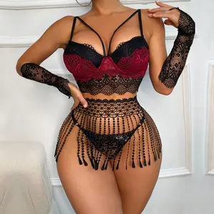 New Design Tassel Girdle Lace Splicing Gloves Sexy Hollow Out Two Pieces Halter Lace up Lingerie Mini Skirt Sexy Lingerie