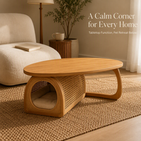 Table basse ronde en rotin, table centrale artisanale en bois avec étagère de rangement, design polyvalent pour humains et animaux