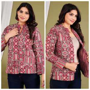 <b>Quilted</b> Reversible Jaipuri <b>Jacket</b> Women Patch <b>Pattern</b> Cotton Ethnic Winter Wear Warm Stylish Outerwear - Product Image 3