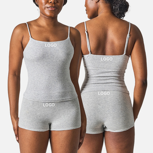 Ensemble de loisirs 2 pièces pour femme : débardeur en coton uni à taille élastique avec logo frontal et shorty – SK1321&SK1232-1 - Product Image 1