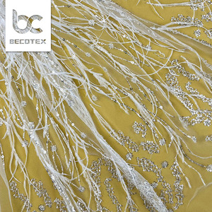 Tessuto in <span class=keywords><strong>Tulle</strong></span> ricamato con perline in pizzo 3D <span class=keywords><strong>bianco</strong></span> con piume per abiti da sposa e Couture - Product Image 5