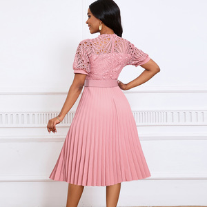 Elegant Women's Summer <strong>Midi</strong> <strong>Dresses</strong> 5XL Plus Size Short <strong>Sleeve</strong> Lace Patchwork Solid Pleated Natural Waistline <strong>Chiffon</strong> - Product Image 6