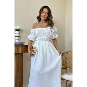 Vestido blanco de lino con hombros descubiertos, cintura elástica, ajuste holgado, transpirable, informal, para uso diario, tela tejida, estilo sencillo - Product Image 4