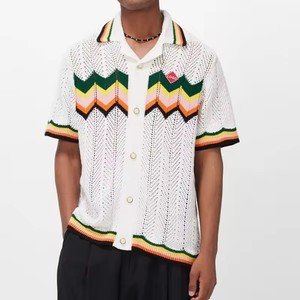 <span class=keywords><strong>Cardigan</strong></span> d'été à manches courtes pour hommes, polo boutonné 100% coton avec logo personnalisé, motif rayé, <span class=keywords><strong>maille</strong></span> fine en crochet - Product Image 1