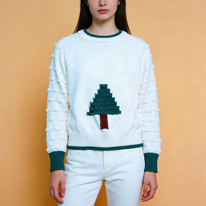 <span class=keywords><strong>Pull</strong></span> en tricot pour femme avec manches pompons, broderie personnalisée sapin de Noël, blanc uni, haut de fête - Product Image 1