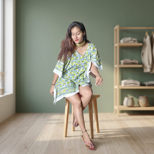 Robe décontractée douce et naturelle à manches 3/4, longueur genou, tunique courte kaftan pour femme, imprimé floral fait main, spécial été - Product Image 1