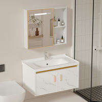 Kabinet Penyimpanan Kamar Mandi Aluminium Hemat Ruang Modern, Set Vanity Dinding Pintar dengan Wastafel Keramik untuk Kamar Tidur Kecil