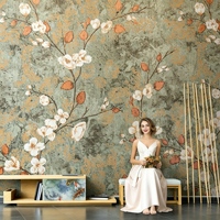 Papier peint mural floral vintage personnalisé, papier peint auto-adhésif peint à la main avec des arbres fleuris pour le salon, la chambre à coucher, l'entrée