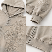 Sweat à capuche zippé TaiDe personnalisé 450GSM, délavage vintage, broderie ton sur ton, coupe courte et carrée, effet usé, OEM ODM, usine de vêtements de haute qualité