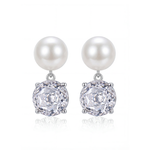 Copper <b>Silver</b> Plated White <b>Pearl</b> Four Prong Big CZ Drop <b>Earrings</b> for Women Round Zircon Dangle <b>Pearl</b> Stud Jewelry Bridal Gift - Product Image 1
