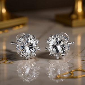 Boucles d'oreilles clous en or blanc E778, serties de cristaux et strass, motif floral, classiques, pour femme, usage quotidien - Product Image 2