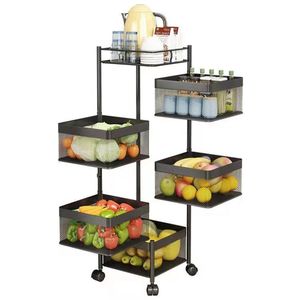 Rotating Square Multi Tier <b>Kitchen</b> <b>Storage</b> <b>Rack</b> 5 Layers Mobile Stand With Wheels For Food Organization - Product Image 3